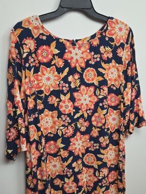 J. Jill Navy & Orange Floral Botanical Tunic Shift Dress Abstract Art To Wear 18